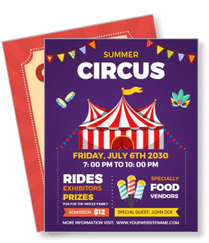 summer circus event poster with tent rides prizes and food vendors template