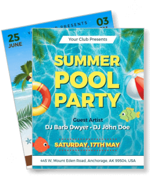 summer pool party flyer with djs and date details template