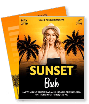 sunset bash event with woman and palm trees design template