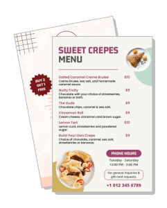 sweet crepes menu flyer with prices and promotions template