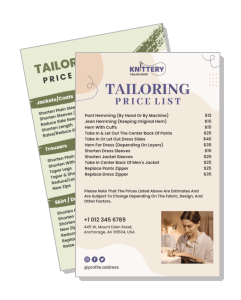 tailoring price list brochure with contact details and pricing template