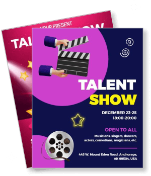 talent show poster with film reel clapperboard details and location template