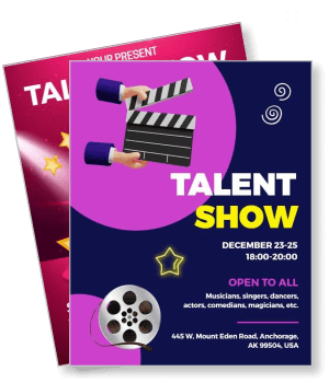 talent show with film reel clapperboard details and location template