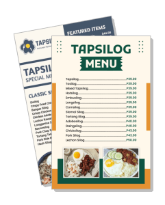tapsilog restaurant menu with prices and dishes template