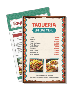 taqueria special menu design with prices and food images template