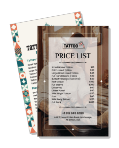 tattoo shop price list menu design with pricing details and contact information template