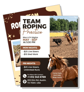 team roping practice event flyer with horse and contact information template