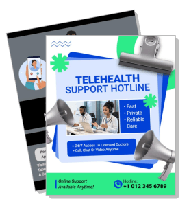 telehealth support hotline poster with contact information and icons template