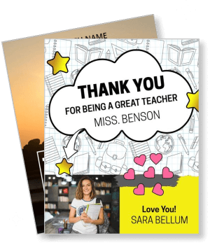 thank you card for great teacher with stars and hearts template