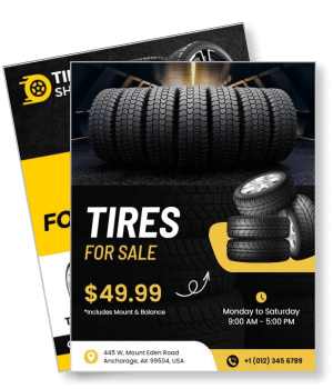tire shop design promoting discount sale tires with contact information template