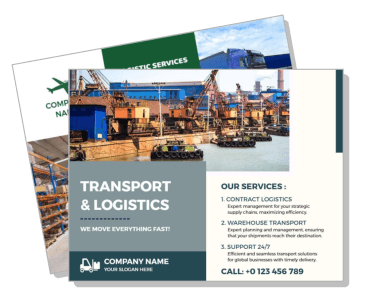 transport logistics service flyer with cargo ship warehouse and contact details template