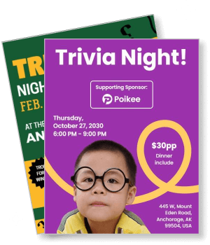 trivia night event poster with child in glasses and purple background template