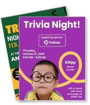 trivia night event with child in glasses and purple background template