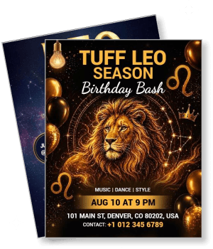 tuff leo season birthday bash party invite with lion theme and event details template