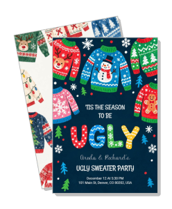 ugly christmas sweater party invitation with colorful festive design template