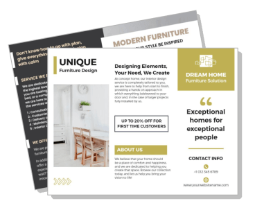 unique furniture design promotional flyer with discount offer and contact info template