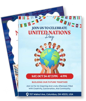 united nations day event with globe and children holding hands template