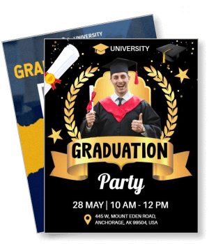 university graduation party invitation celebration with graduate in cap and gown template