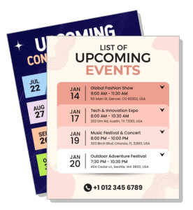 upcoming events list fashion show tech expo music festival outdoor adventure template