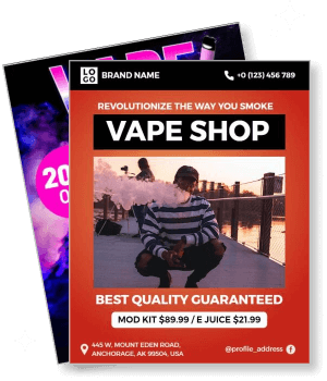 vape shop promotional flyer design with contact and pricing information template