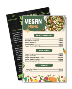 vegan restaurant menu flyer design with salads main dishes desserts sections template