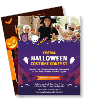 virtual halloween costume contest flyer with kids in costume and event details template