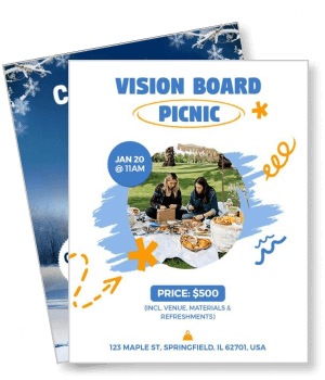 vision board picnic invitation with price and location details template
