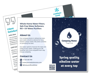 water filtration company brochure design with contact details and tagline template