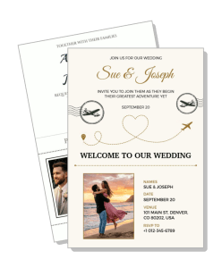 wedding invitation card design with couple photo and travel theme template