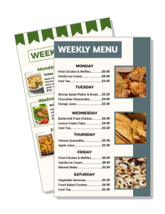 weekly restaurant menu template with pricing and daily specials