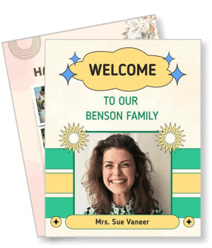 welcome to our family event card with smiling woman template