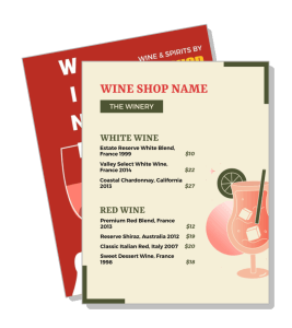wine shop menu card design with variety of white and red wines template