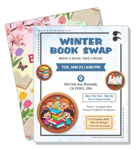 winter book swap event flyer with cute illustrations and details template