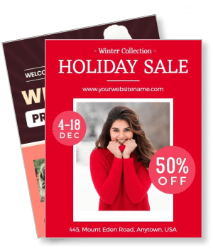 winter collection holiday sale with woman in red sweater discount offer template