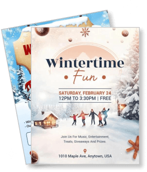 wintertime fun event flyer with snow theme and family enjoying winter activities template