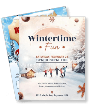 wintertime fun event with snow theme and family enjoying winter activities template