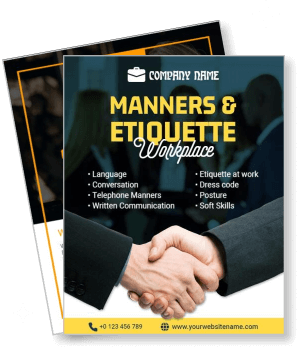 workplace manners etiquette poster with list of skills and company logo template