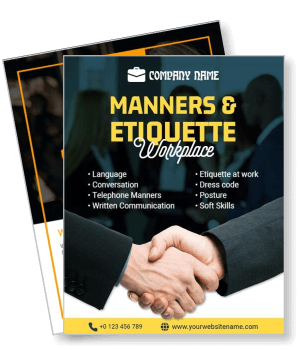 workplace manners etiquette with list of skills and company logo template