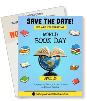 world book day save the date with books and globe illustration template