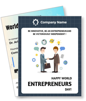 world entrepreneurs day greeting card with business people and icons template