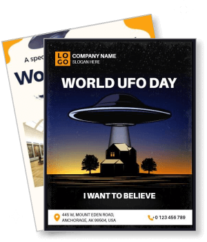 world ufo day event with spaceship and night sky theme template