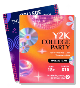 y2k college party invitation poster design with vintage disc theme template