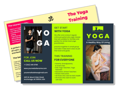 yoga training brochure design with instructors and class information template