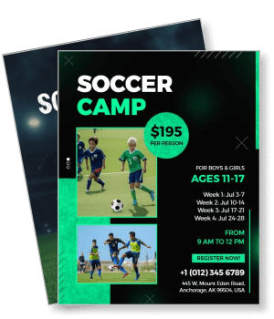 youth soccer camp promotion with schedule and contact details template