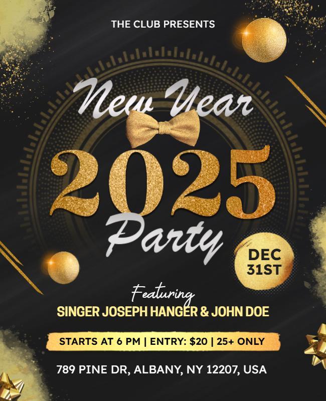 Festive Black and Gold New Year 2025 Celebration Flyer Template