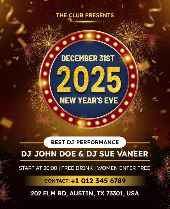 2025 New Year's Eve DJ Party Celebration Flyer Template