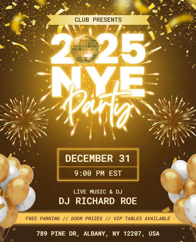 Festive Gold New Year's Eve Celebration Party Flyer Template