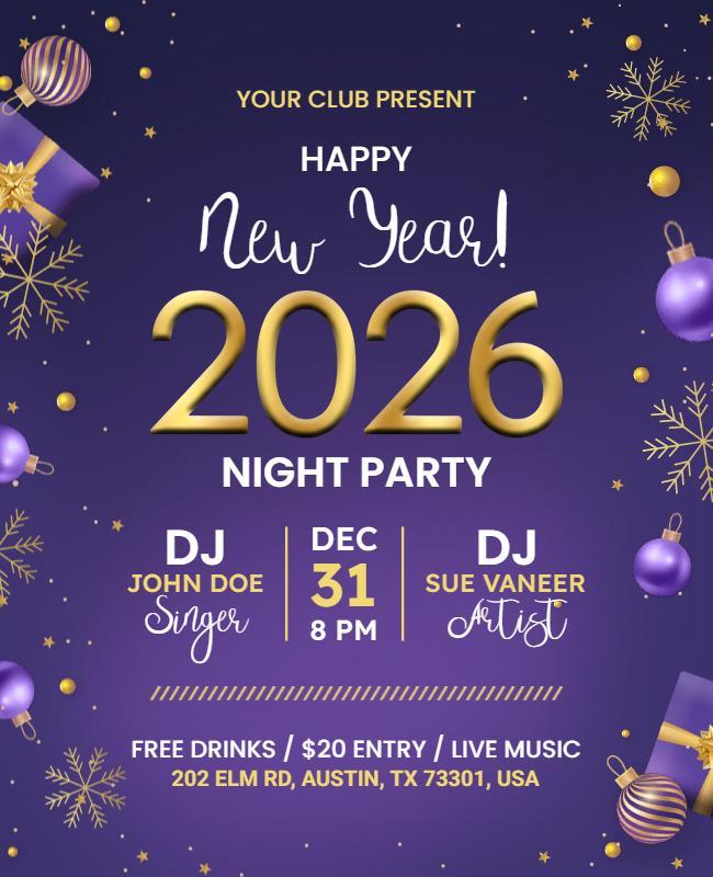2026 New Year Night Party Invitation Flyer Template
