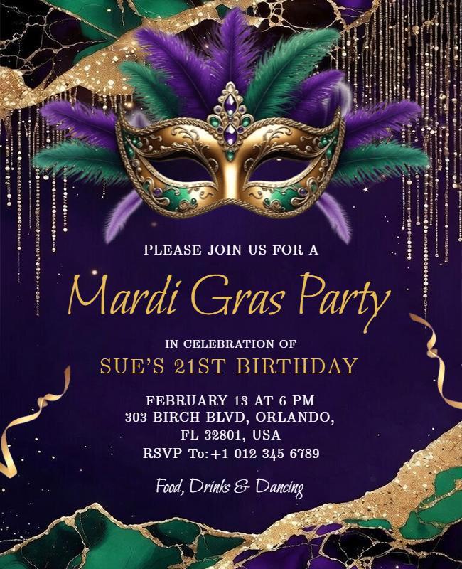 21st Birthday Mardi Gras Party Flyer Template