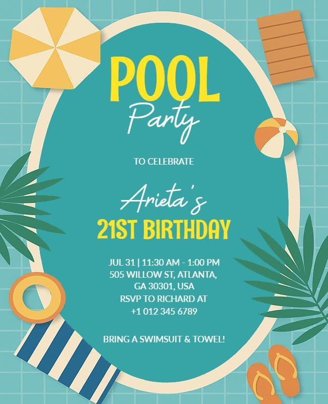 21st Birthday Pool Party Celebration Flyer Template